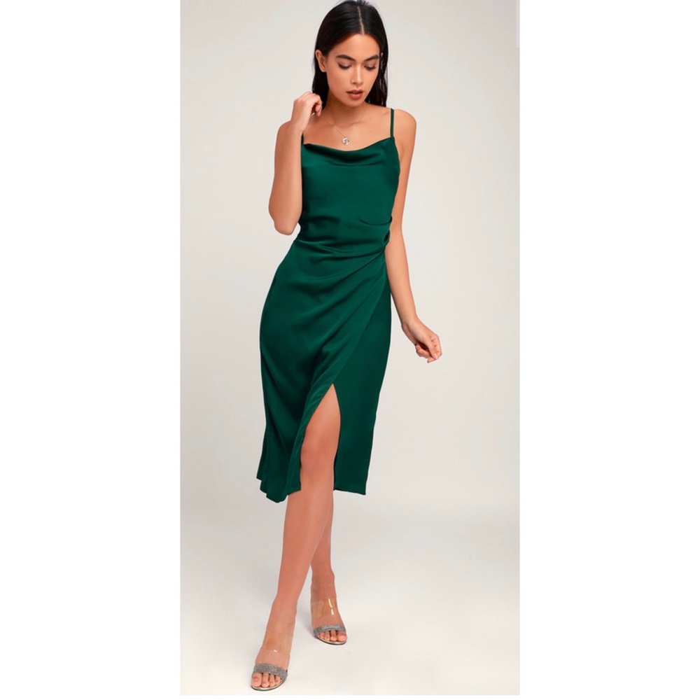 Lulu’s Emerald Green Satin midi dress